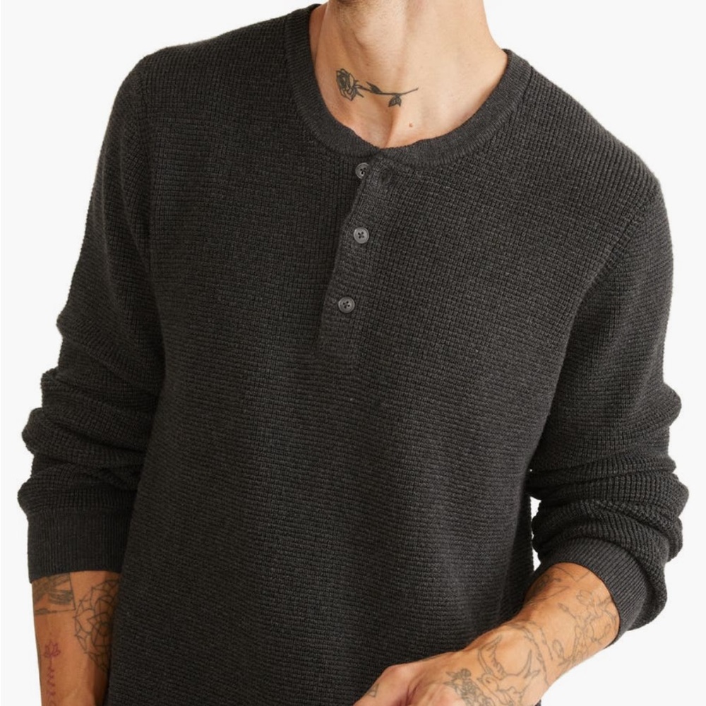 Marine Layer Waffle Stitch Henley Sweater Organic Cotton Charcoal Heather small